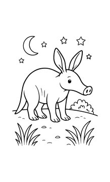 Cute aardvark under the night sky in cartoon style line art