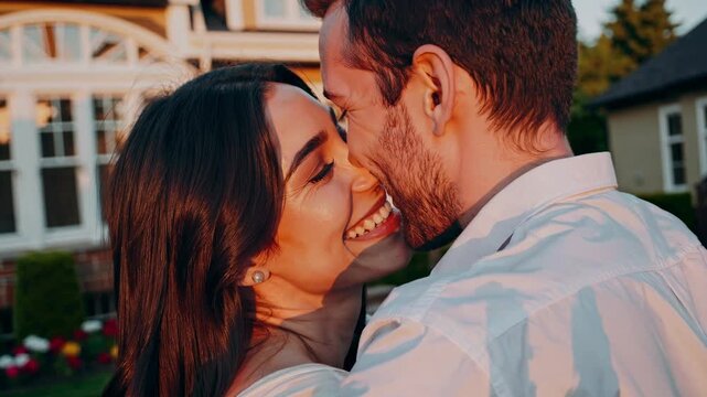 A close-up, candid video-style shot of a smiling couple embracing outdoors, capturing a warm, golden-hour glow and joyful expression.