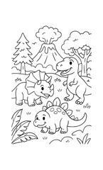 Cute dinosaur coloring page for kids featuring volcano and forest setting