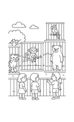 Children visiting a zoo with animals behind bars in black and white outline