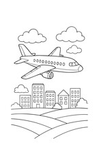 Fototapeta premium Airplane flying over city buildings with cloudy sky in linear art style