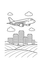 Obraz premium Airplane flying over city with buildings in linear black and white design