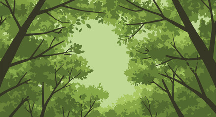 Tree Canopy View Dark branches, green leaves filling image; pale sky in center opening