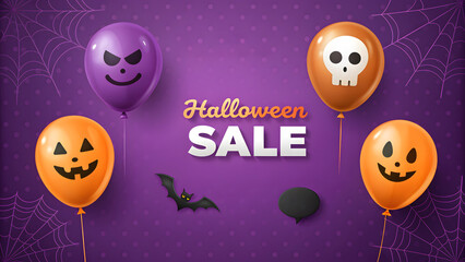 Halloween sale advertisement  Banner with pumpkins bats and skull balloons