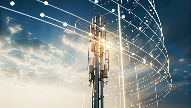 Communication antenna tower using 5G global network concept. Modern telecommunications tower against a vibrant sky with data lines.