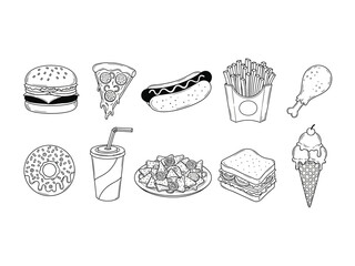 Delicious Delights: A monochrome illustration of various fast food items arranged invitingly, from a juicy hamburger and cheesy pizza slice to crispy french fries and a refreshing soda.