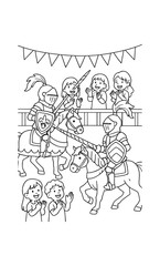 Fototapeta premium Medieval tournament fun with knights and kids cheering in black and white outline drawing