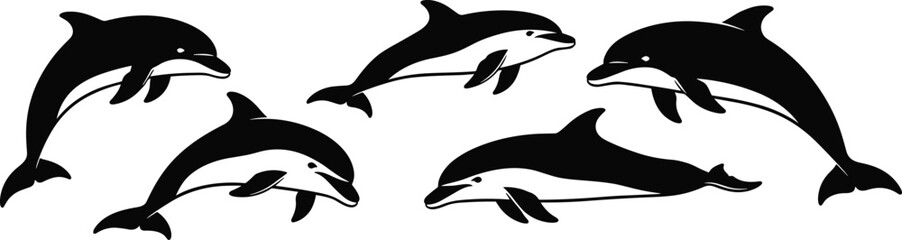Dolphin silhouette illustration, black and white marine artwork, playful sea animal design, fluid motion, aquatic wildlife, ocean creature, minimal style