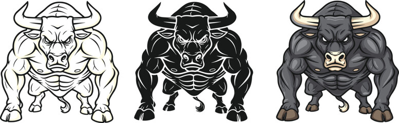 Strong bull mascot vector set, aggressive muscular bull illustration, black and white bull art, cartoon style power animal, graphic bull design
