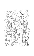 Children playing with animal balloons and bubbles in a fun outdoor scene