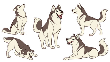 Five Poses of a Cartoon Siberian Husky Dog.