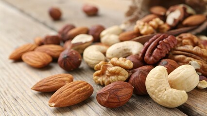 Assorted Nuts on Wooden Surface with Natural Light and Texture