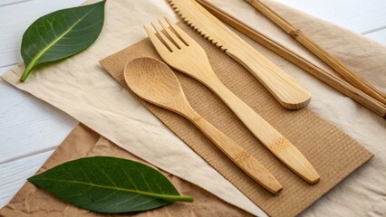Natural Bamboo Utensils with Green Leaves on Eco-Friendly Surface