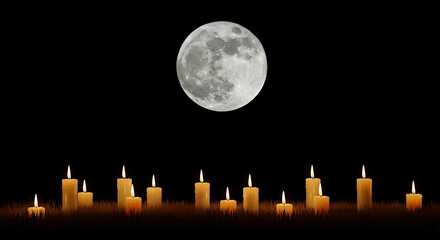 Full moon shining above a row of lit candles creating a serene and peaceful atmosphere at night ai generated
