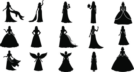 Fantasy gown silhouettes, elegant dress designs, princess character poses, winged figures, royal fashion styles, magical outlines, costume inspiration, artistic silhouettes
