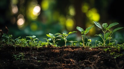 Sprouting plants emerging from dark soil.