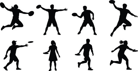 Frisbee sport silhouettes, black and white action poses, dynamic movement, throwing and catching frisbee, athletic figures, minimal design, outdoor activity