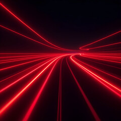 Glowing red speed lines on a dark background. Futuristic motion effect with neon rays. High tech digital highway, fast moving cyber road. Vector illustration for modern technology