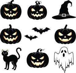 Obraz premium Halloween icons, spooky symbols, black silhouettes, festive graphics, 9 elements