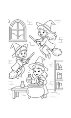 Kids in witch costumes playfully brewing potions in a magical classroom