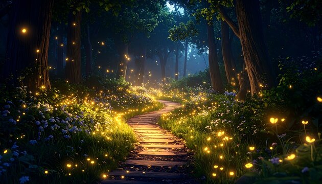 Winding stone path through a mystical forest at night, illuminated by fireflies and soft light
