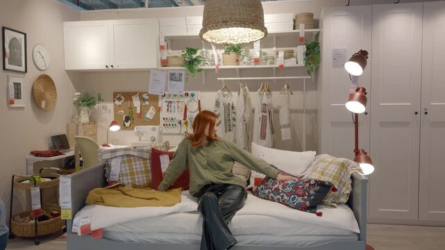 In a stylish furniture showroom, a woman checks out different sofa options, assessing comfort and design for her living room, while a child plays nearby.
