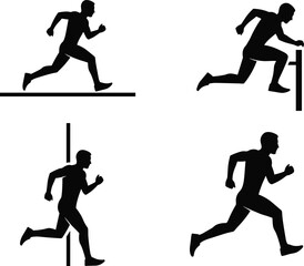 Running and jumping silhouettes, athletic movement, hurdle action, training sequence, black figures, vector illustration, sports motion, exercise poses, fitness icon, sprinting form