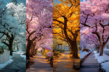 Four seasons with japanese cherry trees in Hurd Park, Dover, New Jersey