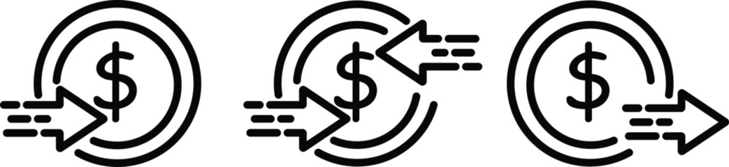 Set of black line icons representing money transfer and financial transactions. Includes symbols for incoming payment, outgoing payment, and bidirectional money exchange.