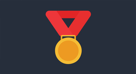 Golden medal with red ribbon on a dark background for award and recognition