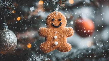 Gingerbread man ornament hanging from a christmas tree branch during a snowfall.