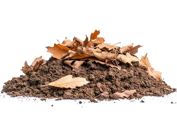 A realistic pile of organic earth with dry, curled autumn leaves partially buried within, creating a natural and rustic scene, isolated on white
