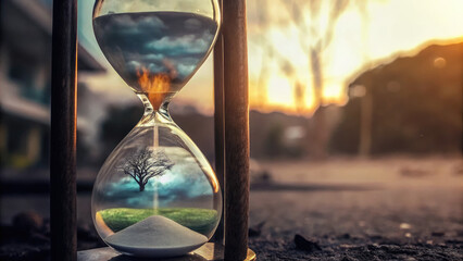 Resilience unearthed through cycle of climate change concept. A surreal hourglass capturing the essence of nature and time.