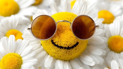A cheerful smiley face wearing sunglasses amidst a field of daisies.