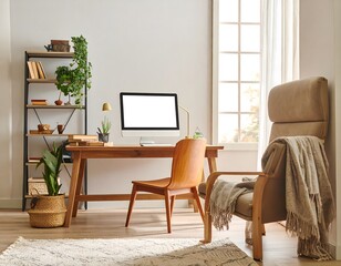 Minimalist workspace featuring laptop, notebook, plants, and sticky notes near bright window.