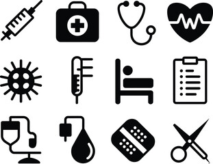 Healthcare and Medical Icon Set Vector Illustration Featuring Medical Equipment and Symbols Representing Treatment and Care in Black and White