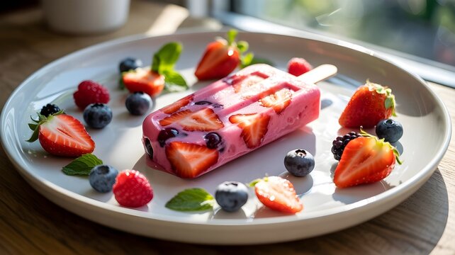pink strawberry popsicle resting on a pristine white ceramic plate. The popsicle is studded with visible slices of fresh strawberries and plump blueberries, reflecting the soft light