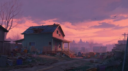 Residential neighborhood sunset view illustration