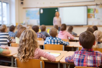 Elementary school students sitting at desks in a classroom, listening to their teacher standing near the whiteboard