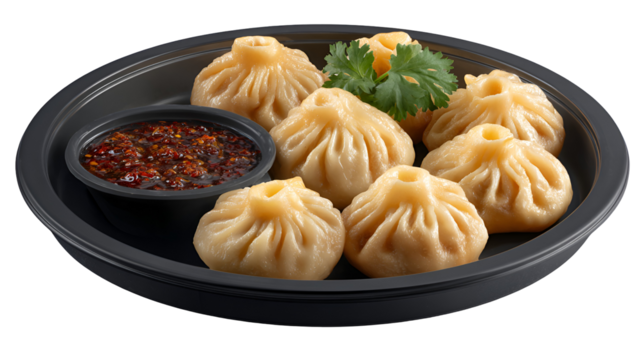 Traditional dumpling momos food from Nepal served with tomato chutney in plate isolated.