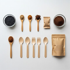 Various spices and teas arranged with wooden utensils and packaging