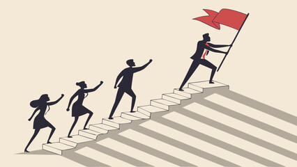 Team Climbing Stairs to Success with Leader Holding Flag.