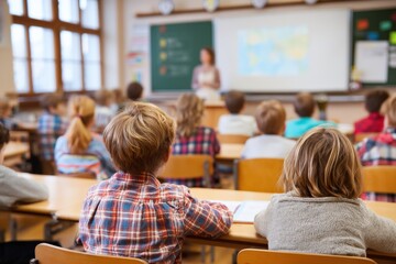 Group of elementary school pupils listening to their teacher giving a lesson on the whiteboard