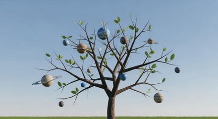 Planets hang like ornaments from a tree against a serene sky, evoking space and nature themes.