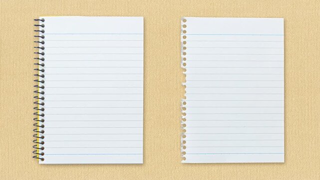 Spiral notebook page tear animation on fabric background