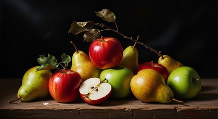 Elegant Still Life of Fresh Apples and Pears on Rustic Wooden Table

