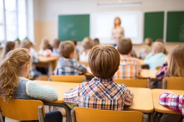 Group of elementary school students sitting at desks in classroom while listening to their teacher