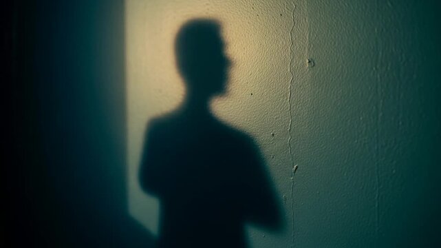 Mysterious Man's Shadow Cast on a Cracked Wall in a Dark, Suspenseful Room