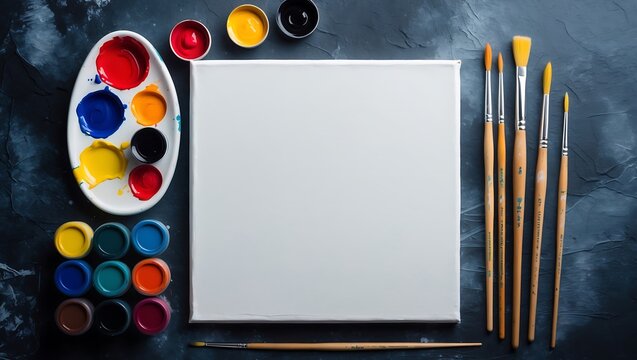 Artistic still life blank canvas vibrant paints and bristle brushes ready for creation