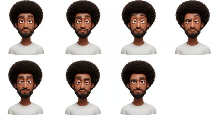 Digital portraits of a man with afro hairstyle and varying expressions